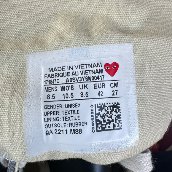✨Converse Chuck 70 HI Comme Des Garçons Play Sz 10.5 Women's Shoes Gray 171847C✨ - Picture 8 of 9